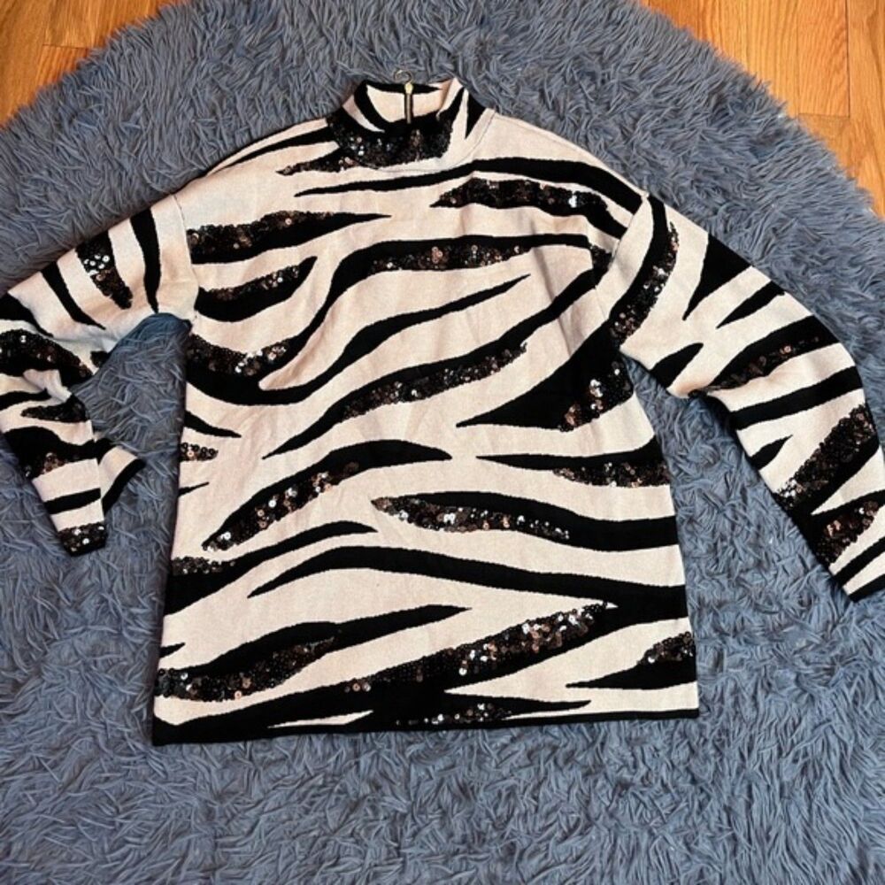 Chico's Sweater Black White Zebra Print Cashmere Blend Mock Neck Size M